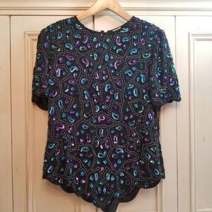 Vintage Silk Beaded Sequin Top L